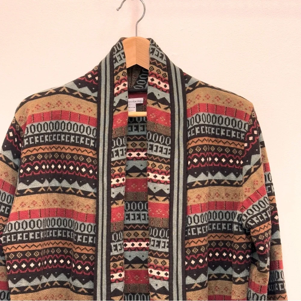 Two Star Dog Aztec Navajo Print Open Front Knit Cardigan Pima Cotton Boho Medium